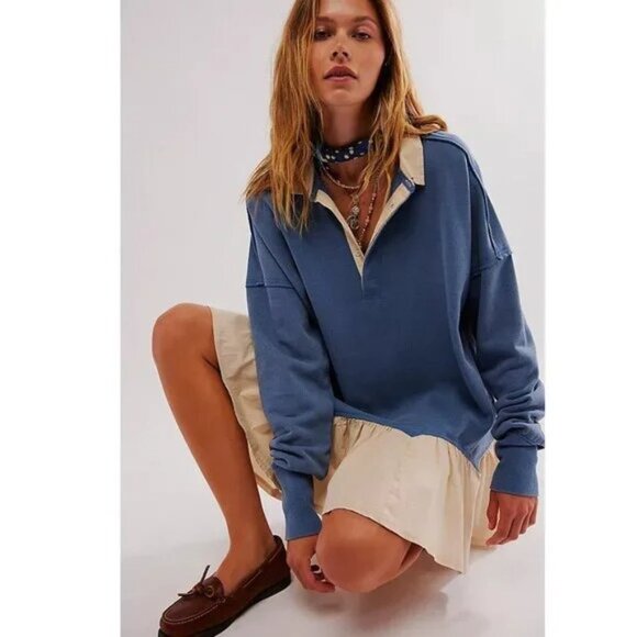 Free People Olivia Sweatshirt Top Collared Oversized Soft Cotton Solid L - Picture 1 of 9
